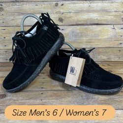 WB Moccasin Size Mens 6 Womens 7 True Black Hemera Fringe Style 100% Leather Suede