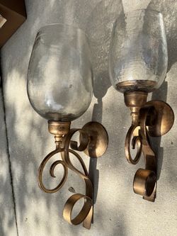 Pair of Bronze Metal & Glass Wall Sconces