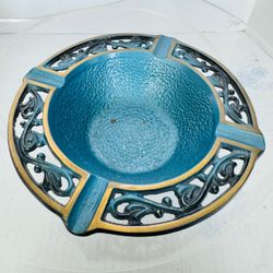Vintage Brass & textured Blue Enamel center Ashtray ornate cut-out rim