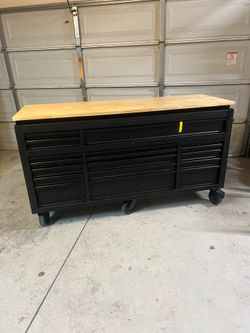 New Husky 72 in. W x 24 in. D Heavy Duty 18-Drawer Mobile Workbench Cabinet with Adjustable-Height Hardwood Top in Matte Black