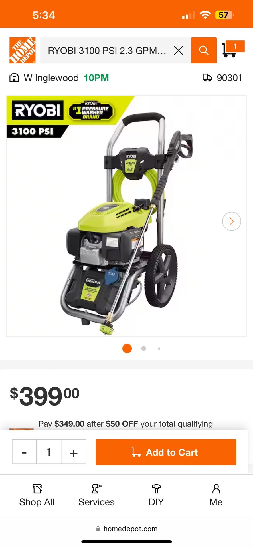 RYOBI 3100 PSI 2.3 GPM Cold Water Gas Pressure Washer with Honda GCV167