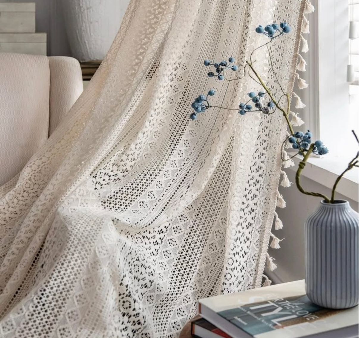 Boho Crochet Tassel Curtains – Set of 2 Panels (59x108”) + 2 White Tension Curtain Rod