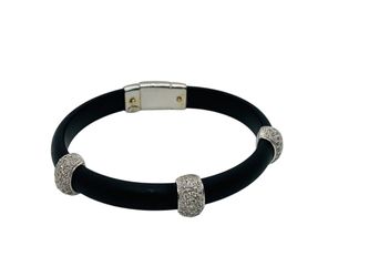 18K White Gold Diamond Black Rubber/Silicone Bracelet Size 6" | 17.6 Grams