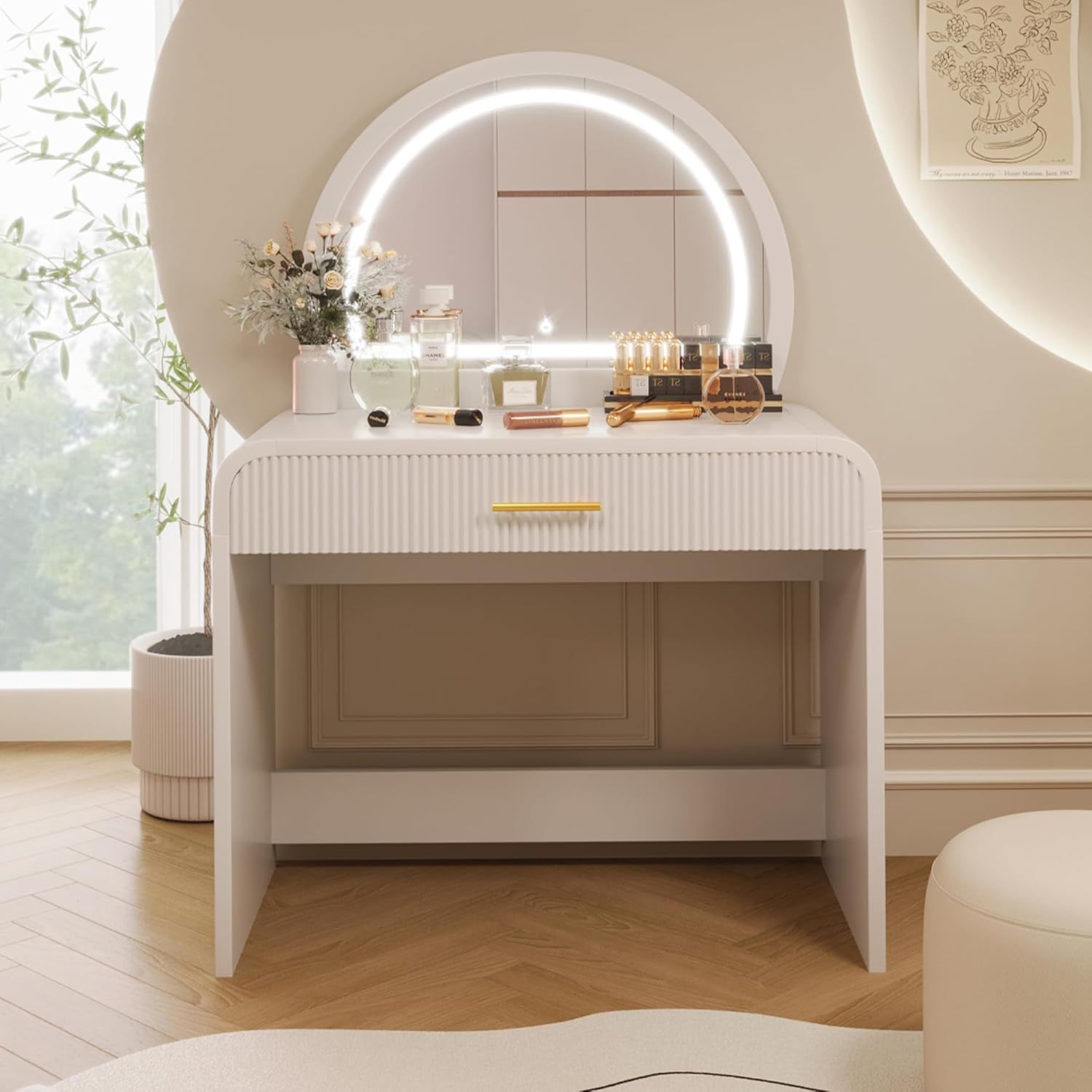 39" Wide White Curved Edge Vanity / Writing Desk w/ Drawer [LED MIRROR NOT INCLUDED]  **NEW** <Retails for $300