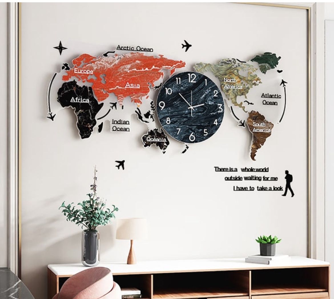 29.1" X 13.4" Modern World Map Wall Clock Acrylic & Glass Home Decor Art Living Room