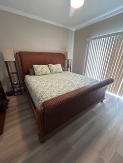 High-Quality King Rattan Sleigh Bed + Beautyrest Hybrid Mattress & Box Springs