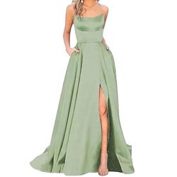 Women's Spaghetti Strap Sleeveless Slit Casual Satin Wrap Maxi Dress
