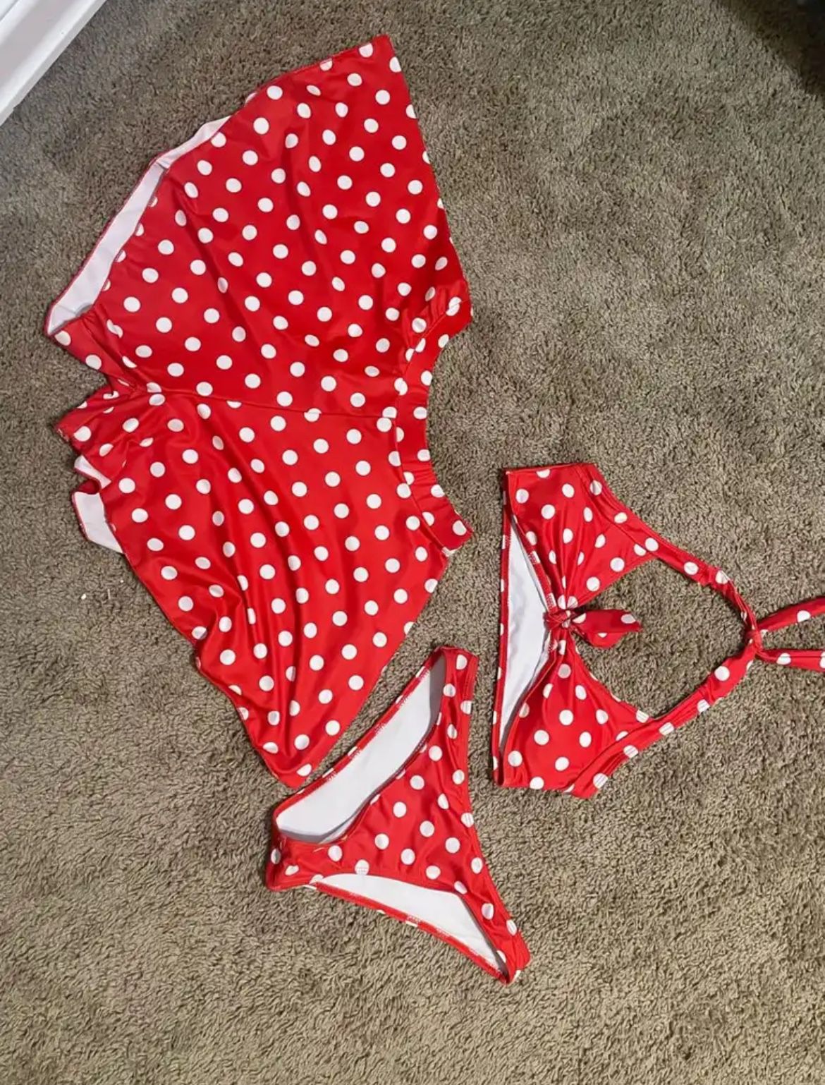 3 Piece Red/white Polka Dot Bikini 