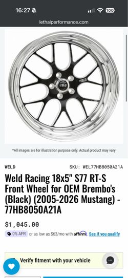 Weld Racing 18x5" S77 RT-S Front Wheel for OEM Brembo's (Black) (2005-2026 Mustang) - 77HB8050A21A