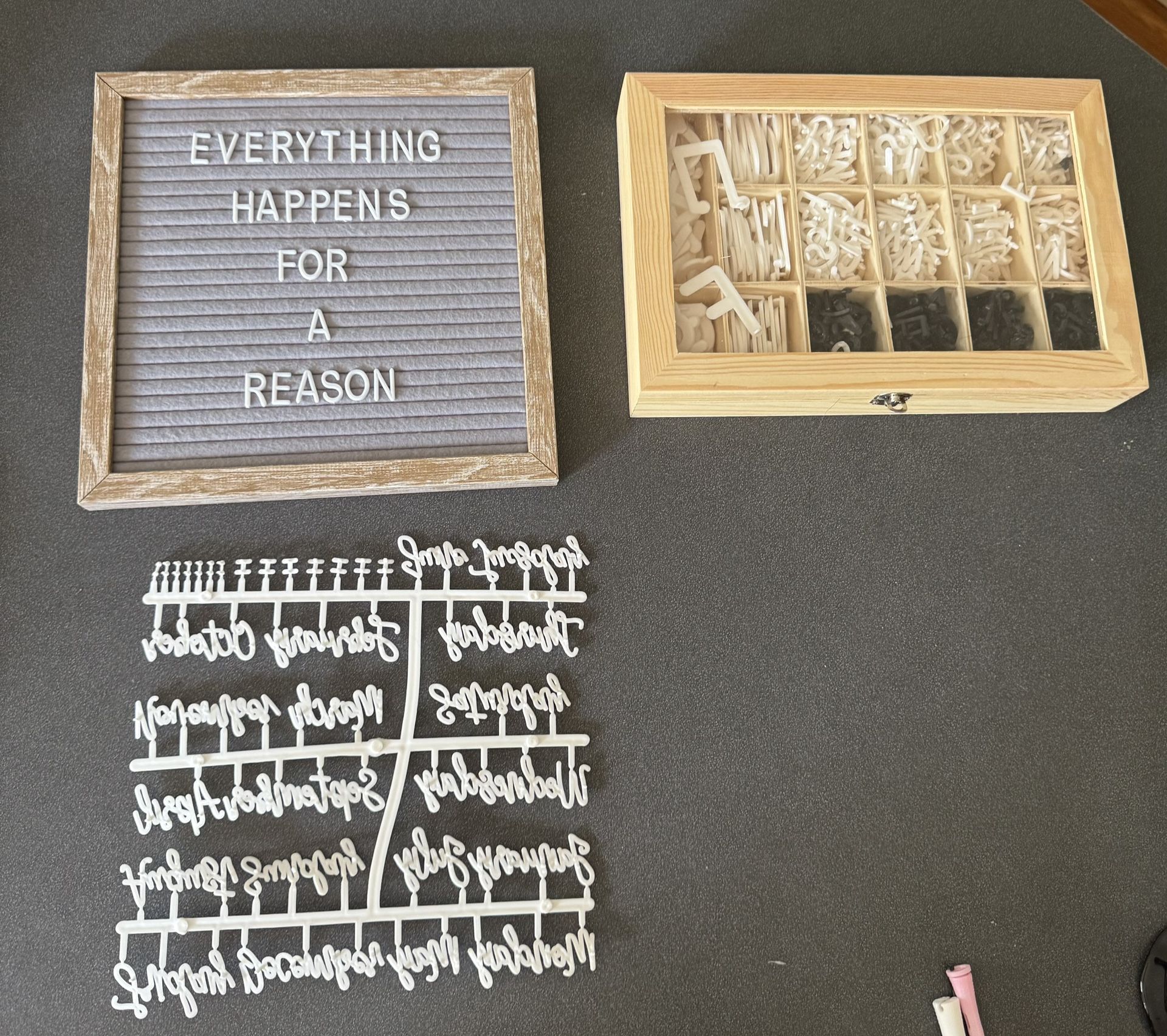 Grey and white felt letter board with wooden frame and wooden letters large box of letters and sayings #homedecor#dorm #office#college#fun