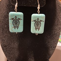 Silver And Turquoise Turtle Handmade Earrings