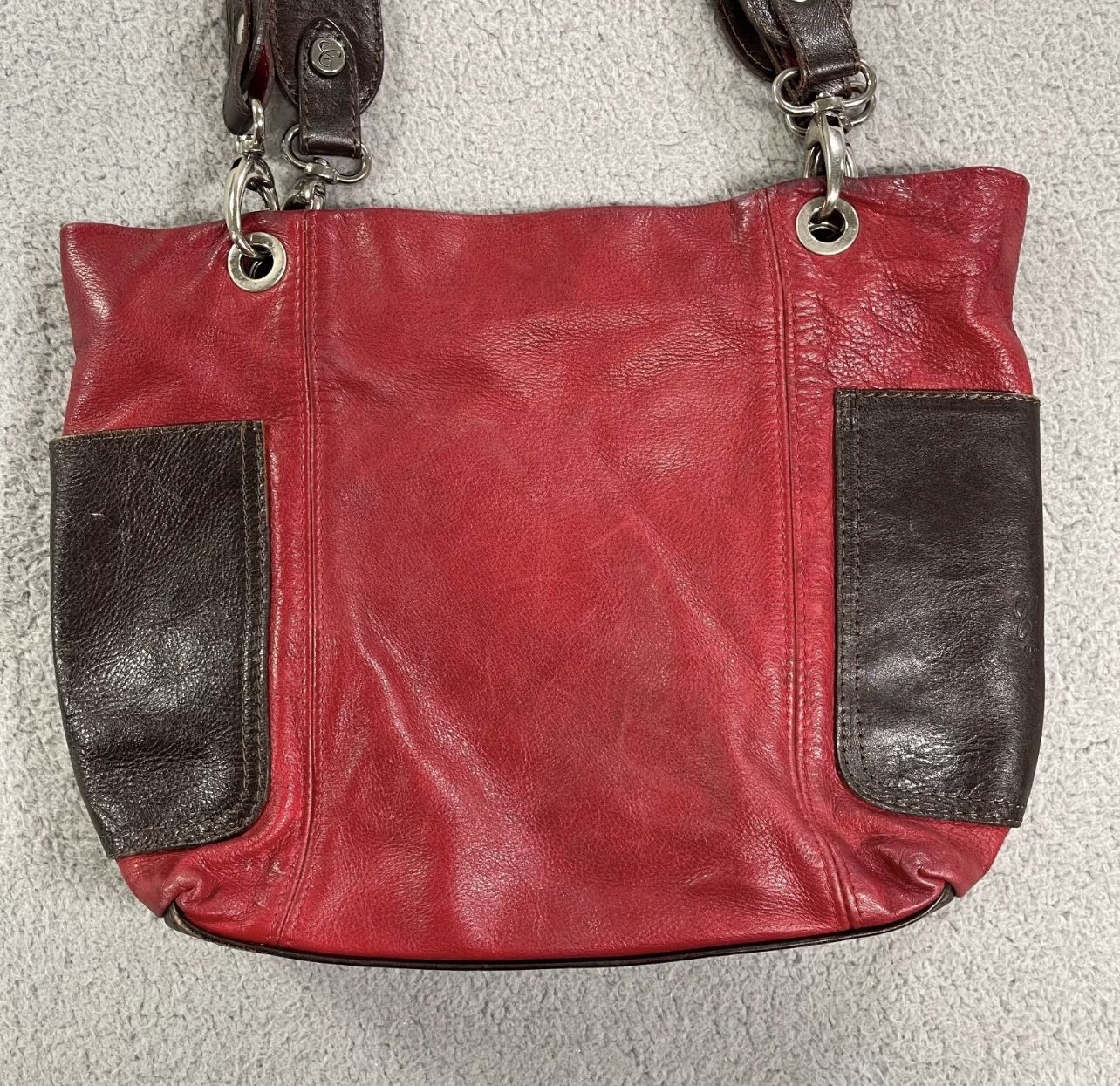 Cristina Genuine Leather Tote Bag Handbag Pocket Purse Red & Brown Made in Italy