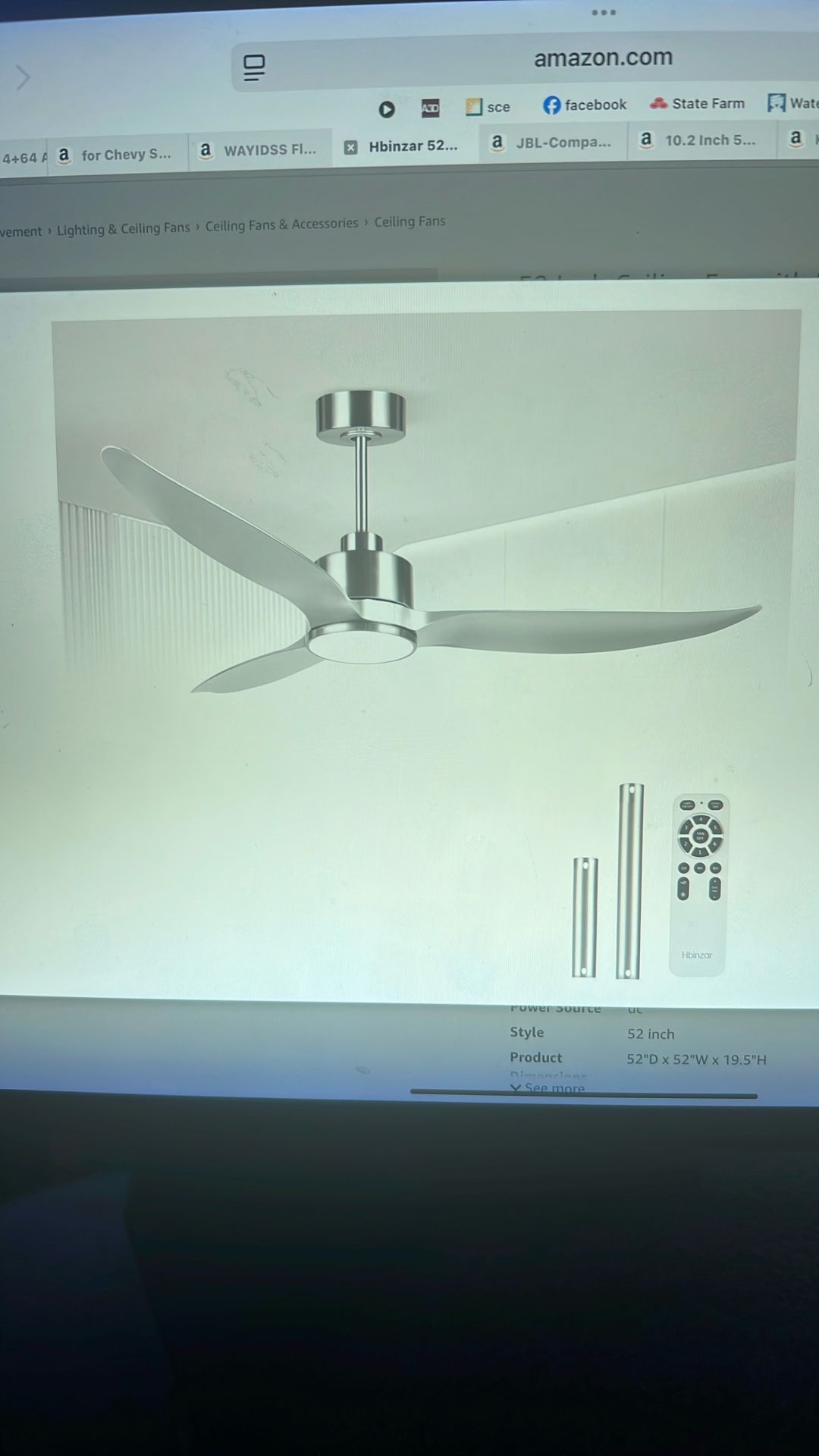 NEW 52” Ceiling Fan. W/Lights, High CFM 3 Blades Sliver Ceiling Fan with Remote Control,Quiet DC Motor Fan, Indoor/Outdoor