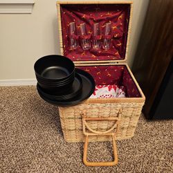 Picnic Basket With Glasses, Plates And Bowls