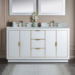 VENICE-6021D-WHITE-G+TOP.   Venice 60"x21"x33" Solid Wood Bath Vanities Side Cabinet in White with Gold Trim and Engineered Stone Composite Vanity Top