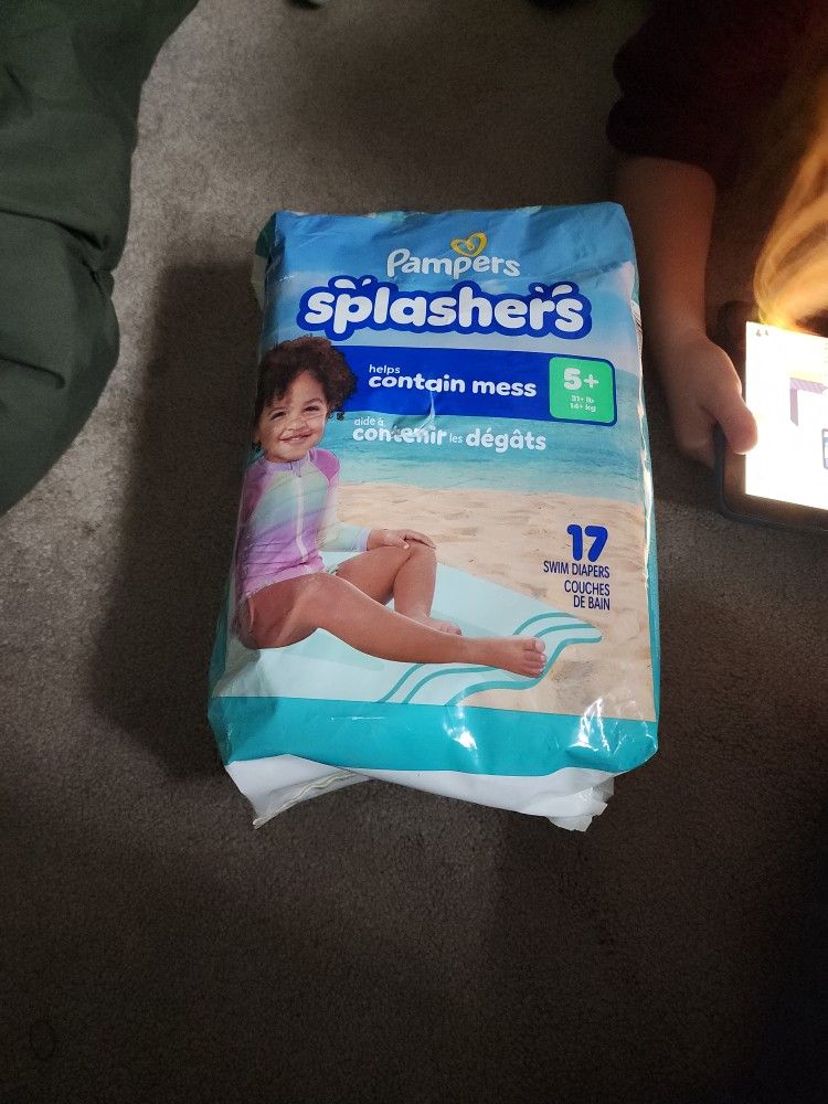 Unopened PAMPERS SPLASHERS, Size 5+ 17-count