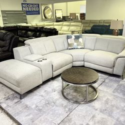 Light Gray Dual Power Recliner Sectional With Cupholder 