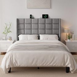Ergonomic Upholstered Full Size Headboard w/Charging Station, Linen Wingback Headboards w/Storage Pocket Headboard Only, Bed Frame Adapters, Sturdy So