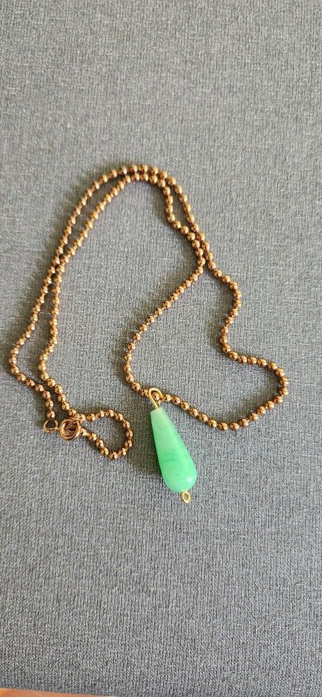Electric Green Quartz Teardrop Pendant Gold Tone Necklace
