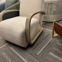 Modern Beige Fabric Accent Chair with Bentwood Arms
