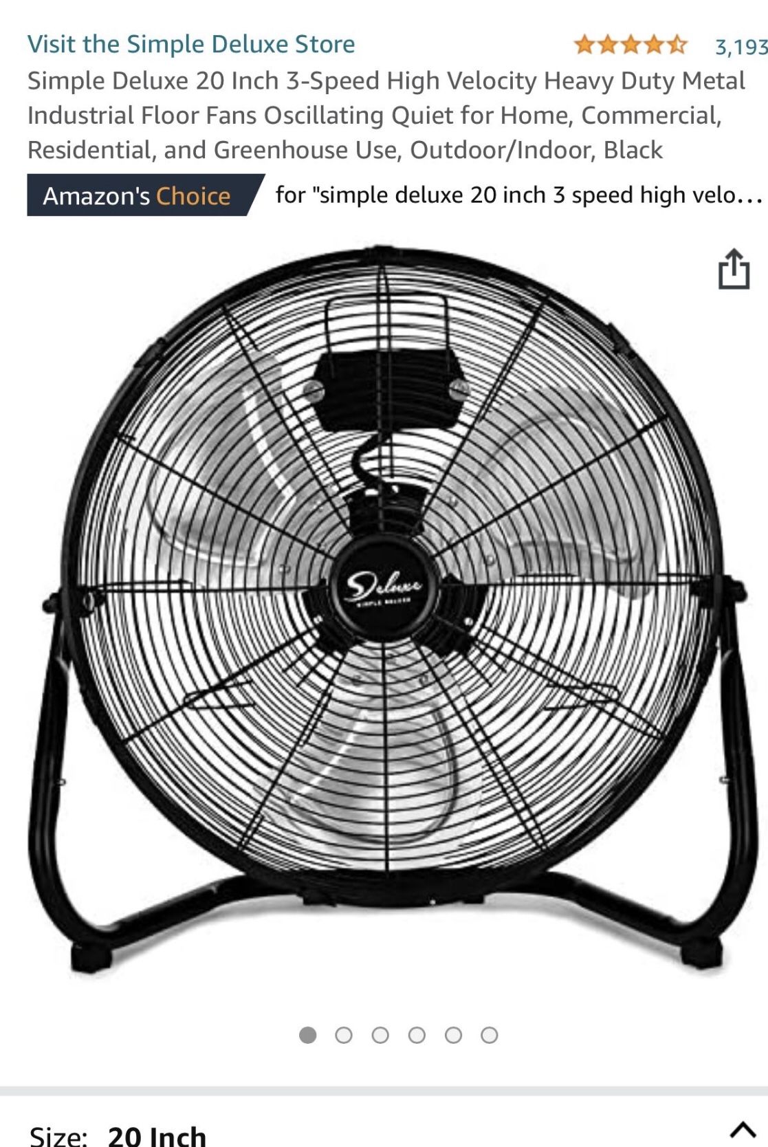 Simple Deluxe 20 Inch 3-Speed High Velocity Heavy Duty Metal Industrial Floor Fans Oscillating Quiet for Home, Commercial, Residential, and Greenhouse