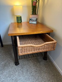 Wood & Metal Side Table / End Table with Wicker Drawer