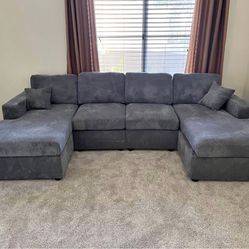 BRAND NEW DARK GREY CORDUROY DOUBLE CHAISE SECTIONAL COUCH (NEW IN BOXES)