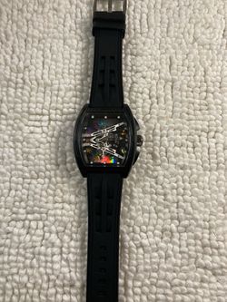 Black Tonneau Skeleton Dial Watch