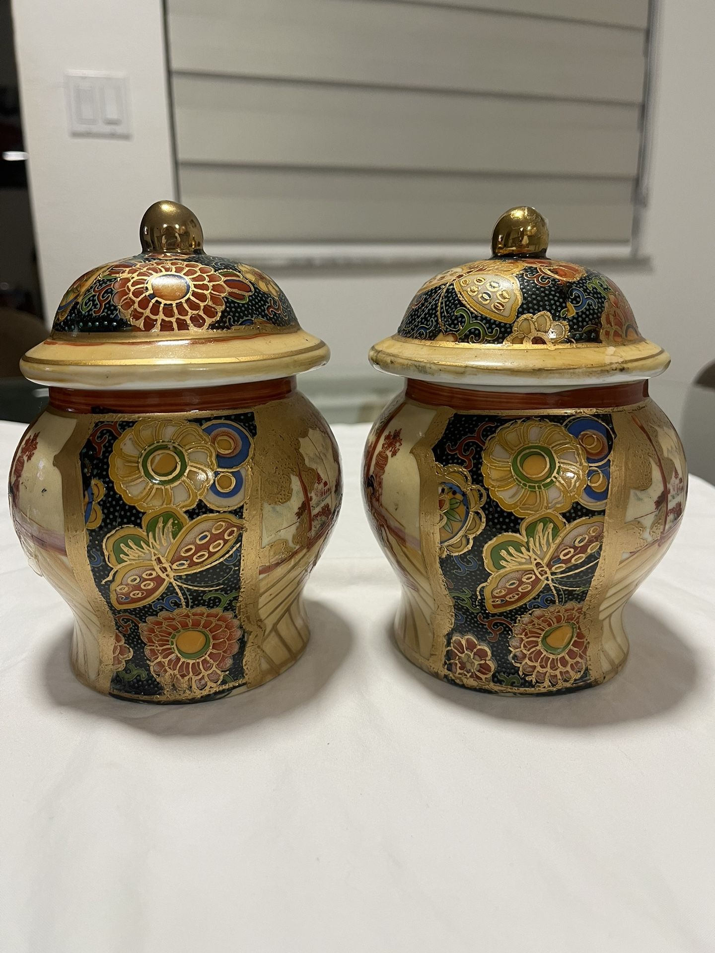 2 Vintage Royal Satsuma Vase/Bowls With Lids Hand Painted with Gold Trim