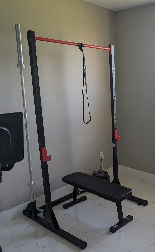 Gym Power rack Bar and bench weights