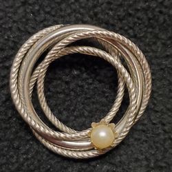 Vintage Faux Pearl Brooch Pin Rope Swirled Silver Tone