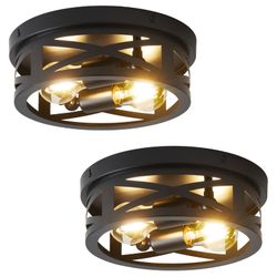 2 pack 2-Light Flush Mount Ceiling Light Fixtures, Industrial Farmhouse Ceiling Light, Black Hallway Light Fixtures