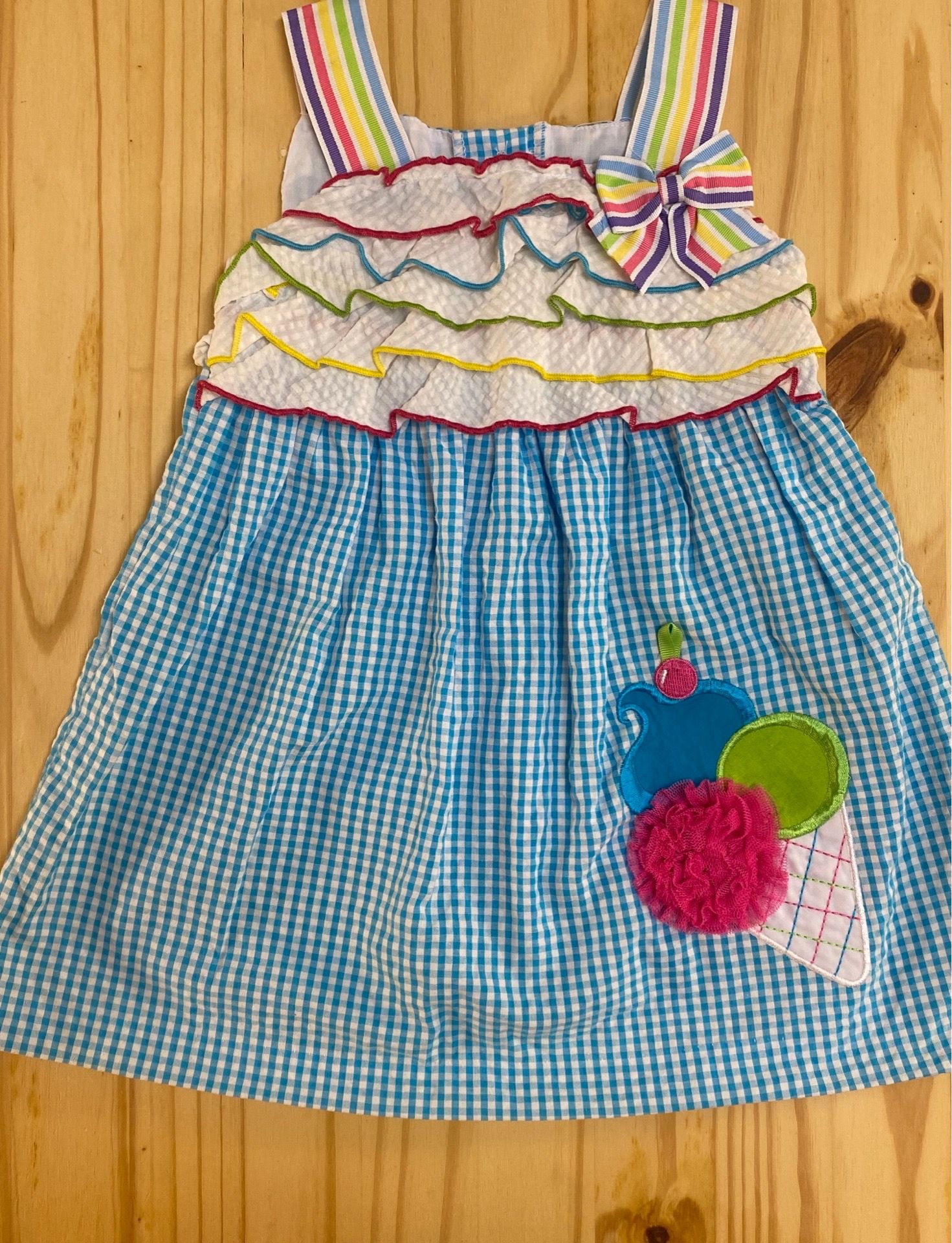 Rare Editions Blue Gingham Dress with Multicolor Striped Bow and Ruffles