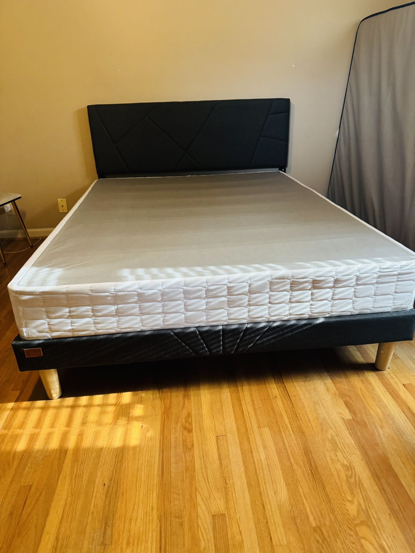Dark Grey Queen Bed Frame with Charging Station, Upholstered Platform Bed with Wingback Storage Headboard And Bed Box