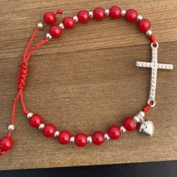 925 Sterling Silver Red Thread Cross Heart Adjustable Bracelet Pulsera