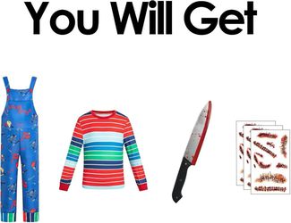 Halloween Chucky Costume for Kids Jumpsuit Long Sleeve Rainbow Shirt Scar Tattoos Prop Knife