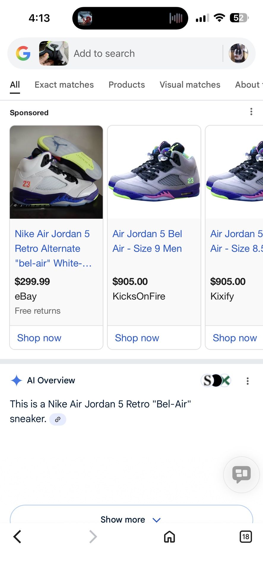 NIKE AIR JORDAN 5 RETRO ALTERNATE "BEL-AIR" WHITE-GREEN-PURPLE SZ 9.5