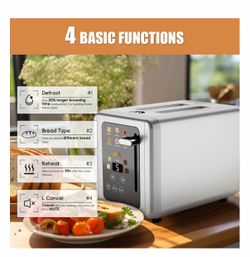 2 Slice Stainless Steel Touchscreen Toaster, 6 Bread Modes, Digital Display, Defrost, Reheat, Bagel & Waffle Settings