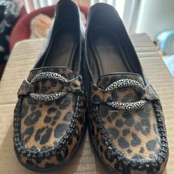 Brighton Womens Leather Embossed Cheetah Leopard Brown Loafer Shoes sz 10m