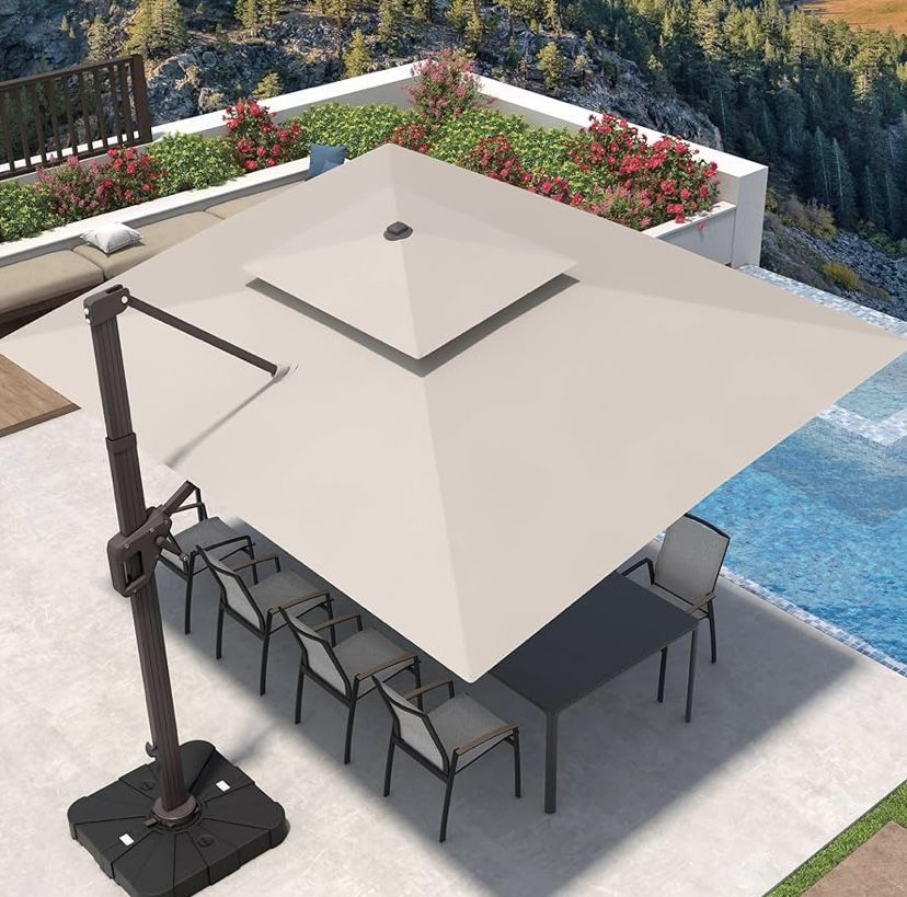 9' X 12' Cantilever Patio Umbrella with Base Included 360°Rotation Rectangular Outdoor Large Offset Umbrellas Double Top Heavy Duty Windproof for Gard