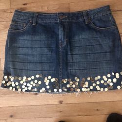 Gold Sequin Distressed Jean Mini Skirt Size 13 