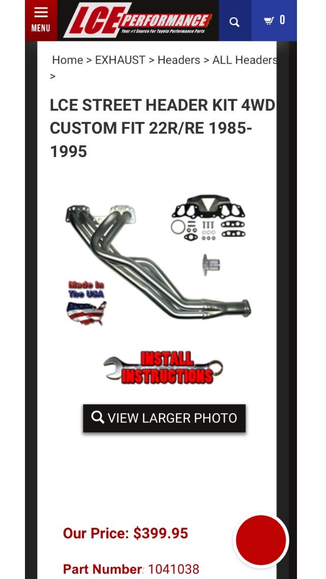 LCE headers 22r Toyota pick up