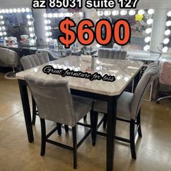 5 PCs Dining Table Set Include Faux Marble Table And 4 Chairs Gray Velvet Brand New