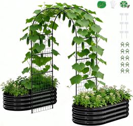 3 in 1 Raised Garden Bed with 87in Tall Arch Trellis for Climbing Plants, Galvanized Planter