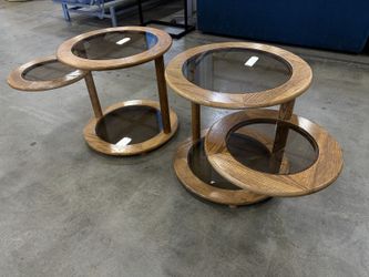 Vintage Postmodern Oak and Smoked Glass Swiveling Side Table (Set of 2)