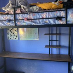 Twin Loft Bed, With Desk. Metal Frame Black. Not Shown But Comes With Pull Out Keyboard. 