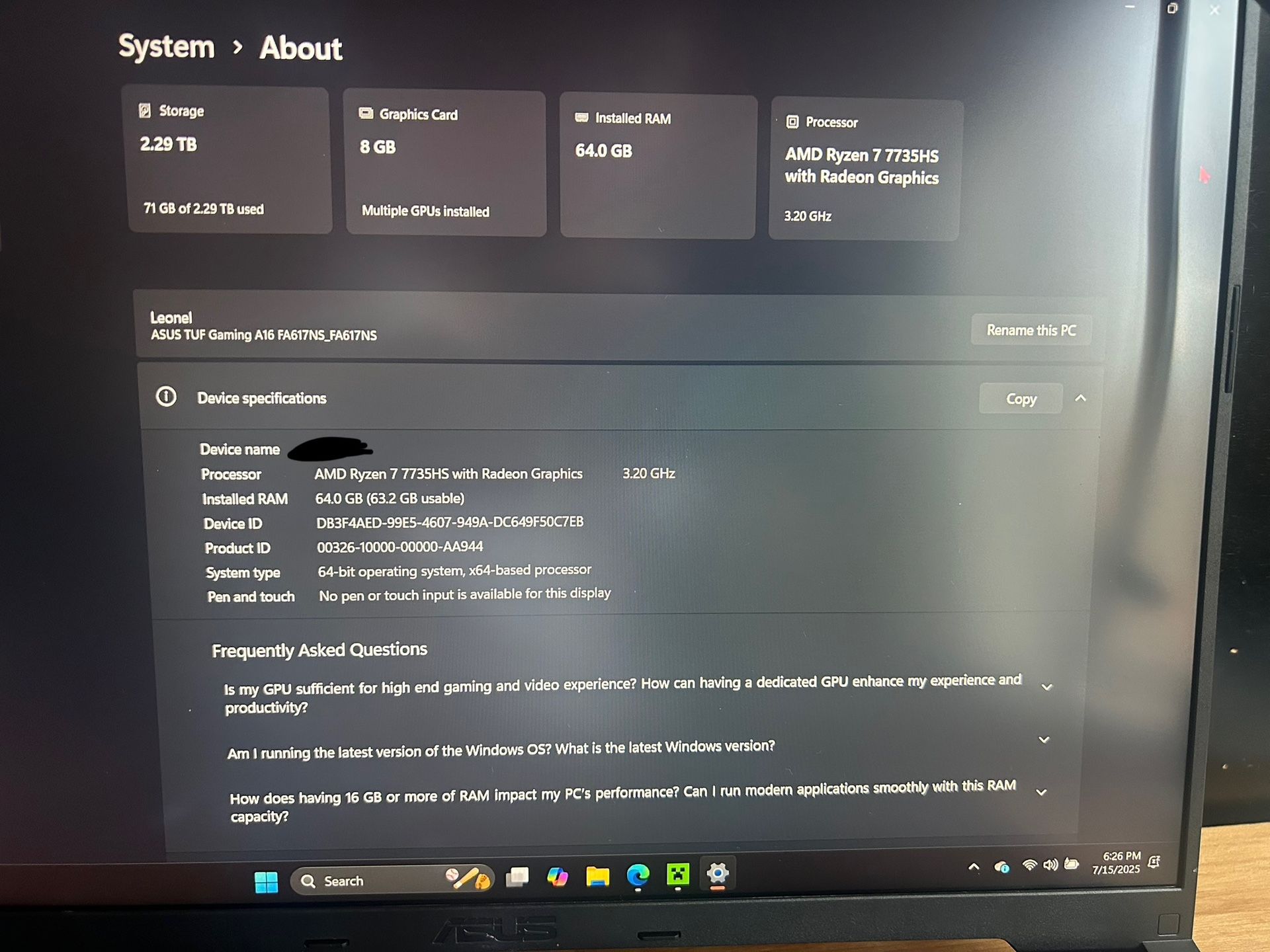 Asus Tuf A16 64GB RAM AND 2TB OF STORAGE