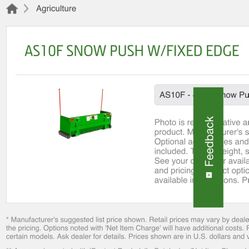 New : John Deere AS10F Series 48”  Snow Pusher With Options Added