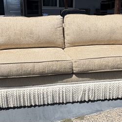 Beautiful New Tan/Ivory Chenille Sofa With Braided Rope Skirting In Ivory 