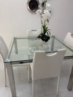 Glass Top Dining Table with 4 White Chairs